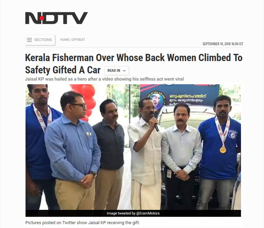NDTV - Kerala Fisherman Over Whose Back Women Climbed To Safety Gifted A Car